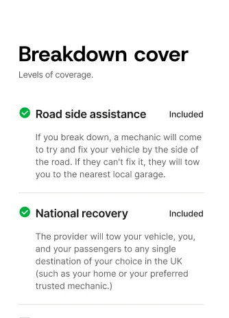‘Breakdown cover’ screen listing roadside assistance and national recovery, both marked as included