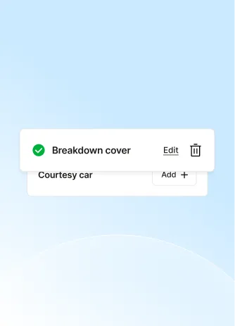 A breakdown cover add-on marked as selected, above a courtesy car option ready to add