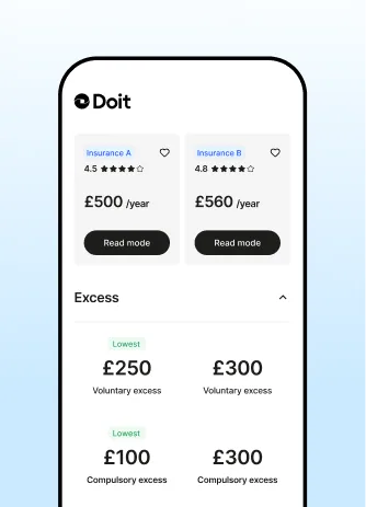 The Doit app on a phone comparing two quotes, with voluntary and compulsory excess for each